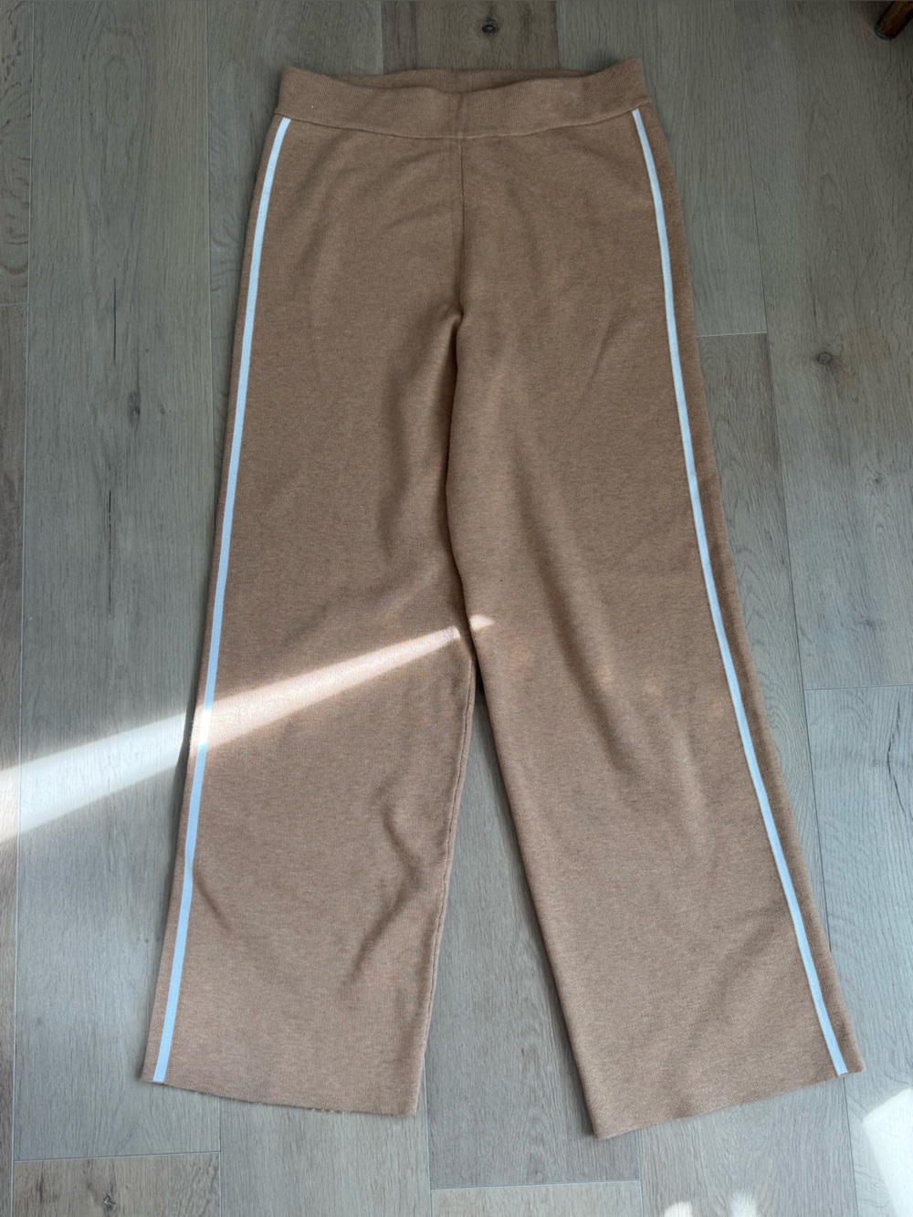 Saks Fifth Avenue Camel Wide-Leg Knit Pants with White Side Stripes